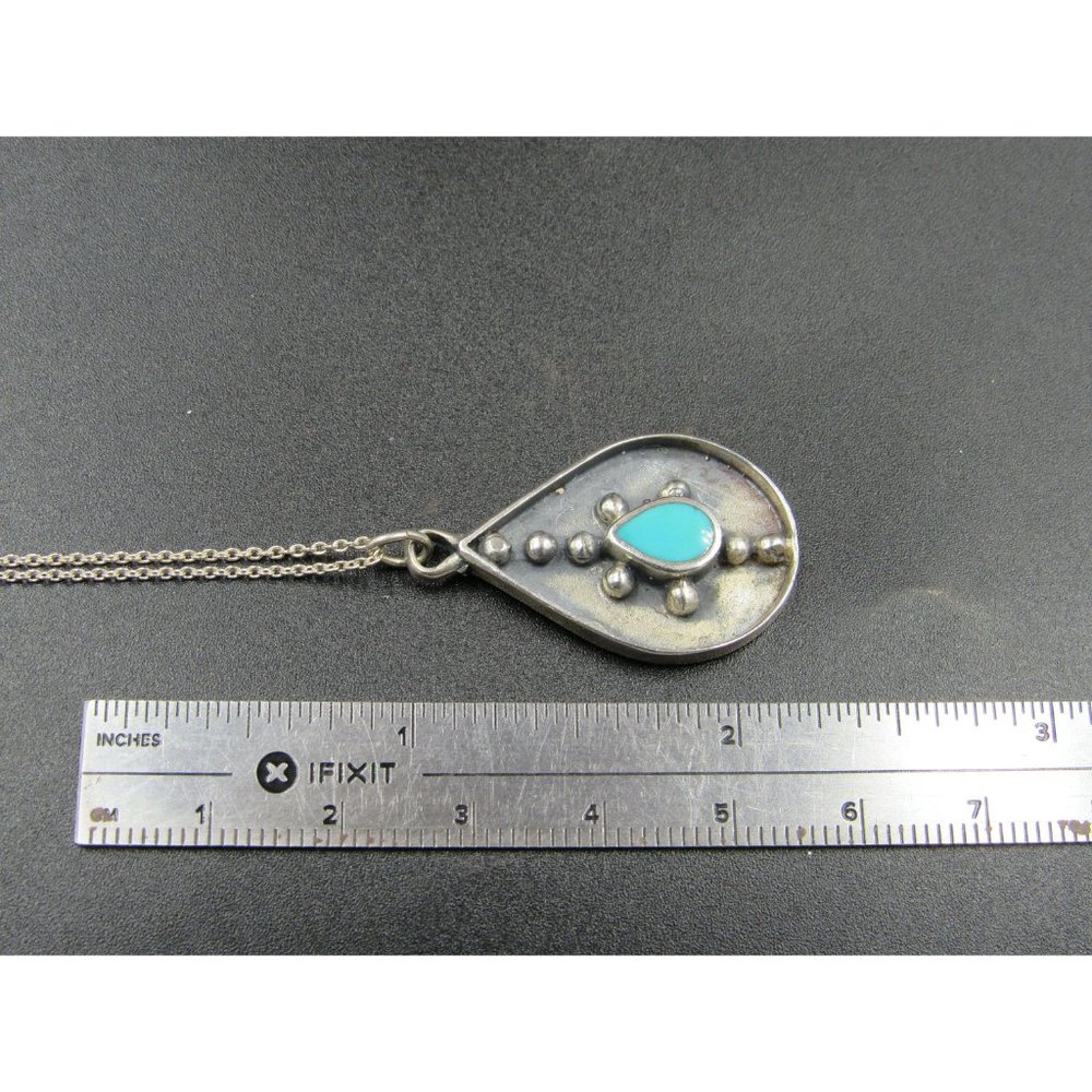 18" Sterling Silver Heavily Tarnished Blue Inlay Pendant Necklace Vintage - Picture 6 of 7